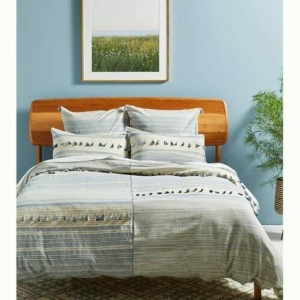 NEW Anthropologie Woven Mariella Striped Tassel Duvet Cover King WEDGWOOD BLUE